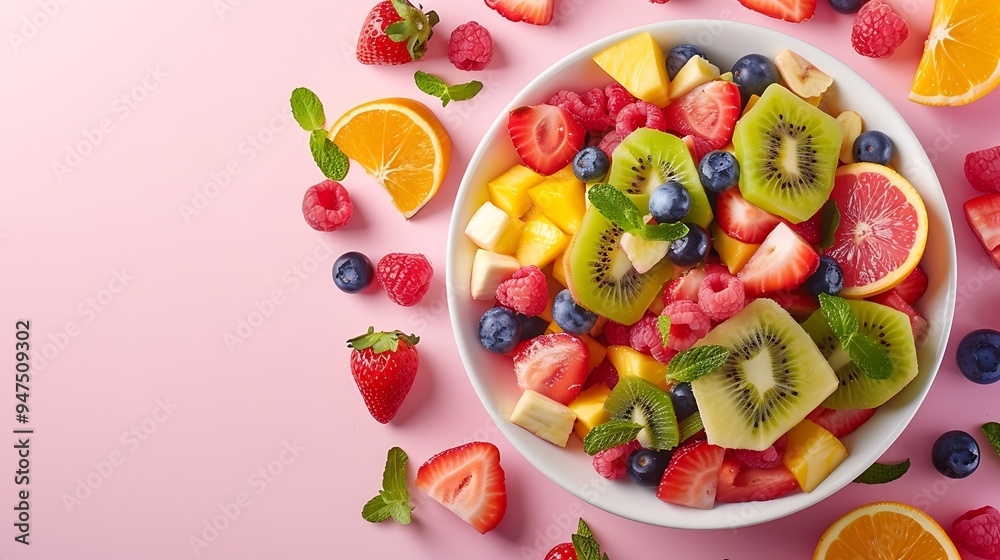 Fresh and Colorful Fruit Salad on a Pink Background Fresh and Colorful Fruit Salad on a Pink Background