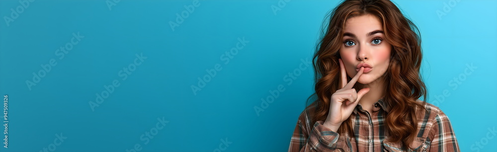Banner with Beautiful Woman Making Shush Gesture on Blue Background. Secret or Silence Concept. Place for text Banner with Beautiful Woman Making Shush Gesture on Blue Background. Secret or Silence Concept. Place for text