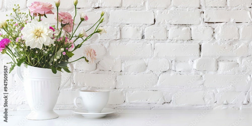 White Table with Flower Bouquet, Coffee Cup on White Brick Wall Background, Morning Greeting Card White Table with Flower Bouquet, Coffee Cup on White Brick Wall Background, Morning Greeting Card
