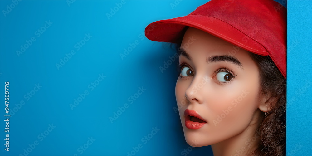 Banner with Beautiful Young Woman in Red Cap on Blue Background for Fashion or Makeup Advertising Concept. Place for text Banner with Beautiful Young Woman in Red Cap on Blue Background for Fashion or Makeup Advertising Concept. Place for text