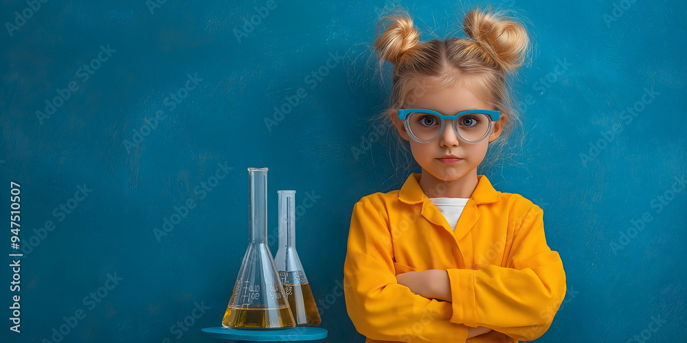 Banner with Confident Young Girl Scientist in Yellow Lab Coat on Blue Background for STEM Education or Child Development. Copy space Banner with Confident Young Girl Scientist in Yellow Lab Coat on Blue Background for STEM Education or Child Development. Copy space