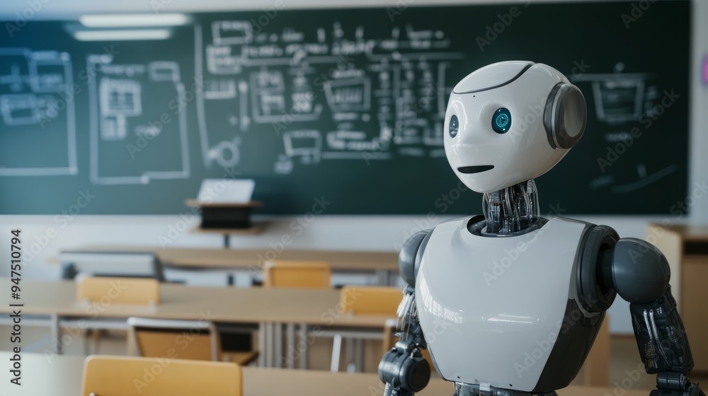 Fototapeta premium Humanoid robots teach in a classroom with a blackboard in the background, artificial intelligence in education, and future teaching and learning technologies