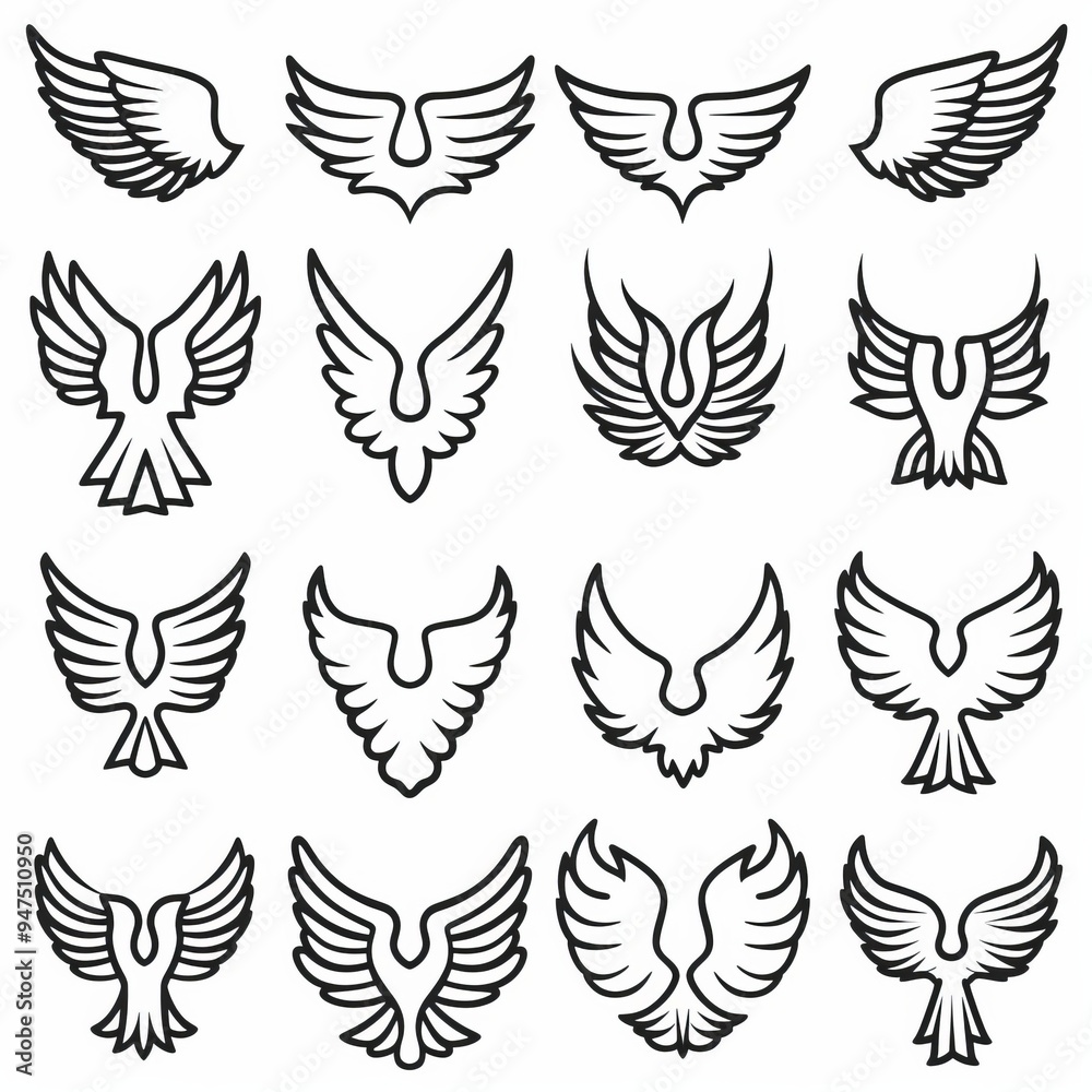Wings flat icon, angel wings emblem, bird feathers minimal silhouette, pigeon sign, spirituality symbol Wings flat icon, angel wings emblem, bird feathers minimal silhouette, pigeon sign, spirituality symbol