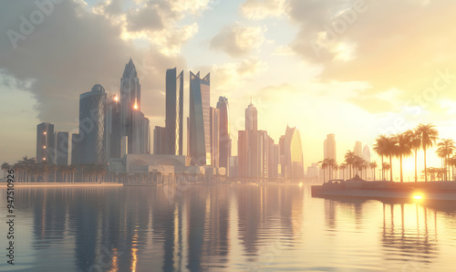 Stunning view of a modern city skyline at sunset with palm trees.