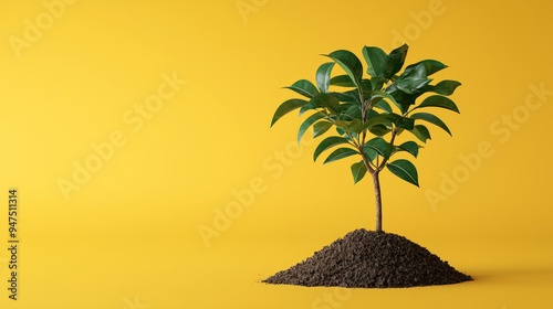 Young Tree Growing from Soil on Yellow Background