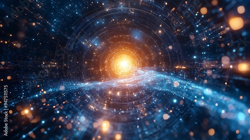 Futuristic AI Core Surrounded by Orbiting Planets in Vibrant Galactic Space - Digital Sci-Fi Concept