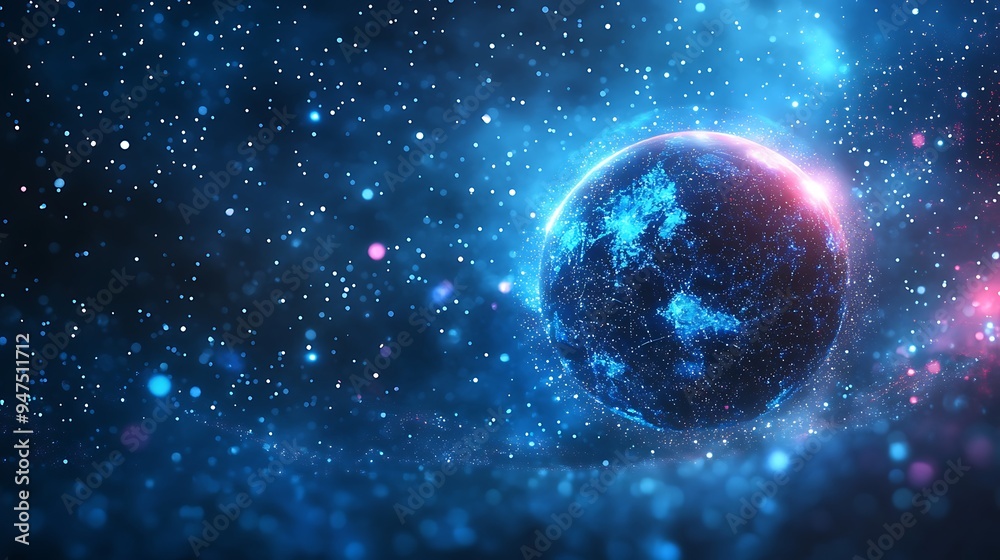 Futuristic AI Sphere with Orbiting Planets in Cosmic Space - Abstract Light Effects and Bright Stars Background