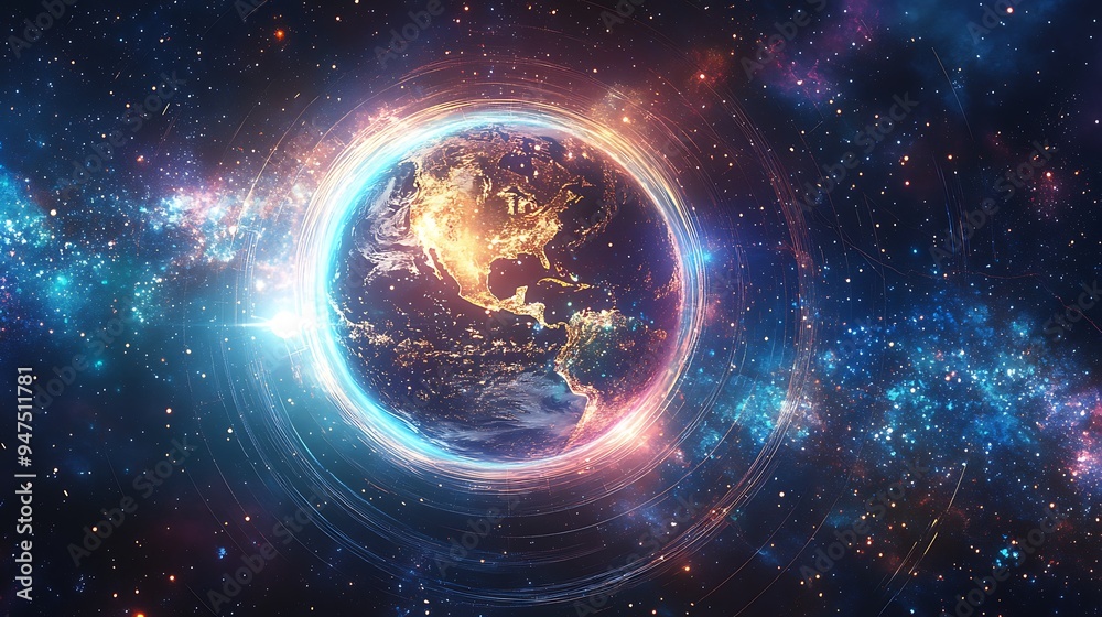 Futuristic Scene of Planets Orbiting Glowing AI Sphere with Cosmic Background and Abstract Light Effects