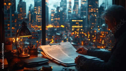 Man Reading a Document with a City View