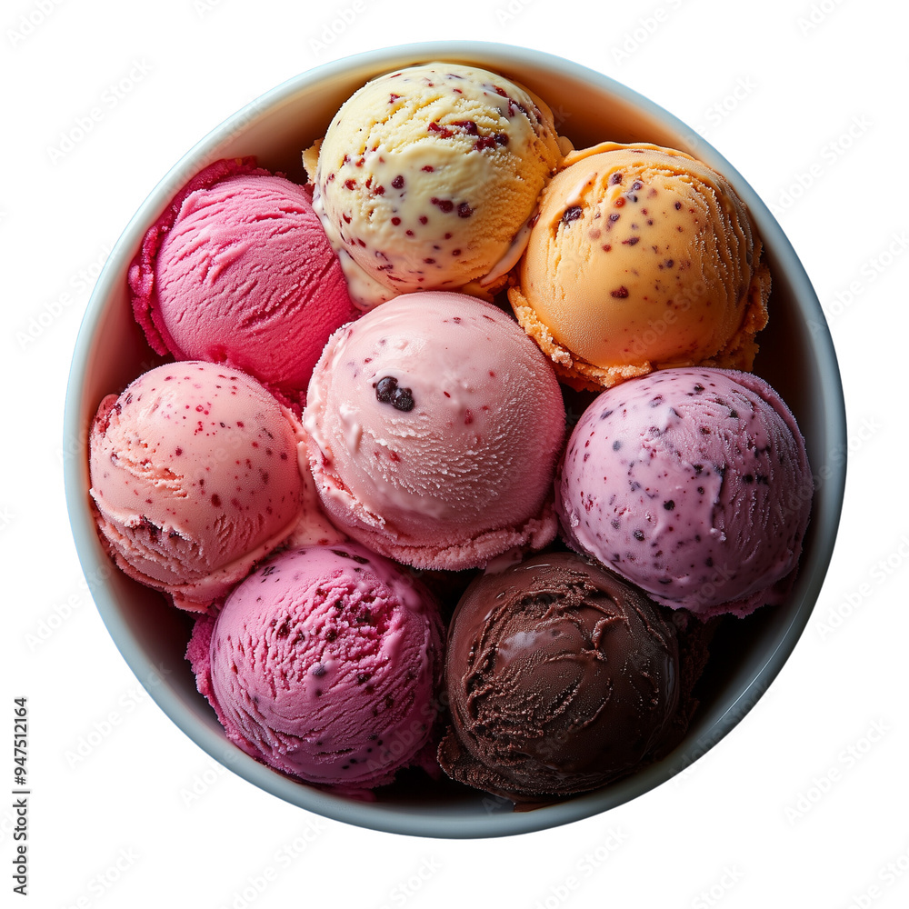 Top view close up of ice cream scoop that various flavor in bowl isolated on Transparent background Top view close up of ice cream scoop that various flavor in bowl isolated on Transparent background