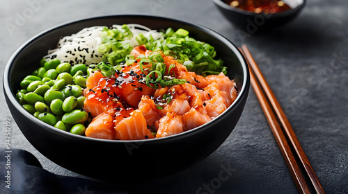 Fusion Flavor A fusion-style salmon poke bowl with a mix of traditional and modern toppings, including kimchi, edamame, and spicy mayo photo