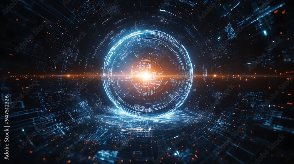 Fototapeta premium Digital Cosmos: Central AI Node Surrounded by Orbiting Planets in Futuristic Space Setting with Cosmic Light Effects