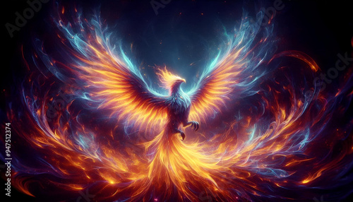 A Majestic Phoenix Emerging from Holographic Flames background