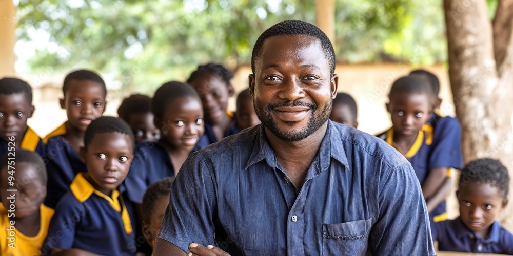 Portrait of african male teacher with his students. Portrait of african male teacher with his students.