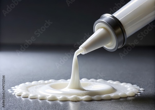 a photo image of a pure white silicone elastomer material flowing from a nozzle making contact with a solid surface photo