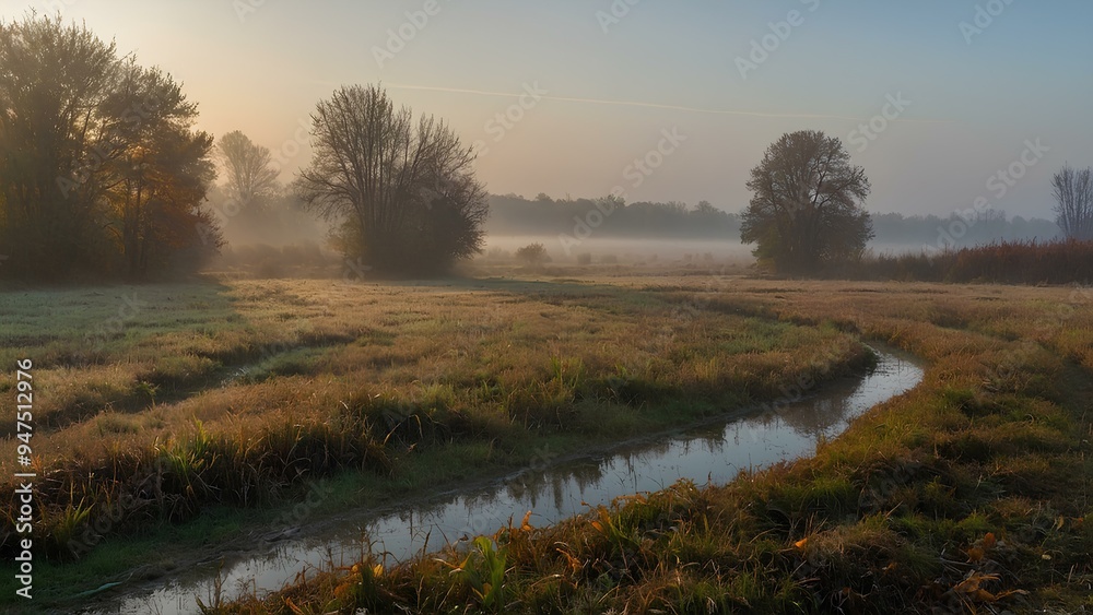 Serene Autumn Landscape with Golden Leaves and Misty Forest Path Serene Autumn Landscape with Golden Leaves and Misty Forest Path