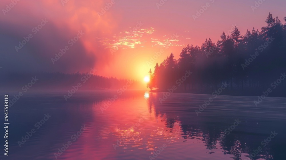 Serene Sunset Over Foggy Lake Serene Sunset Over Foggy Lake