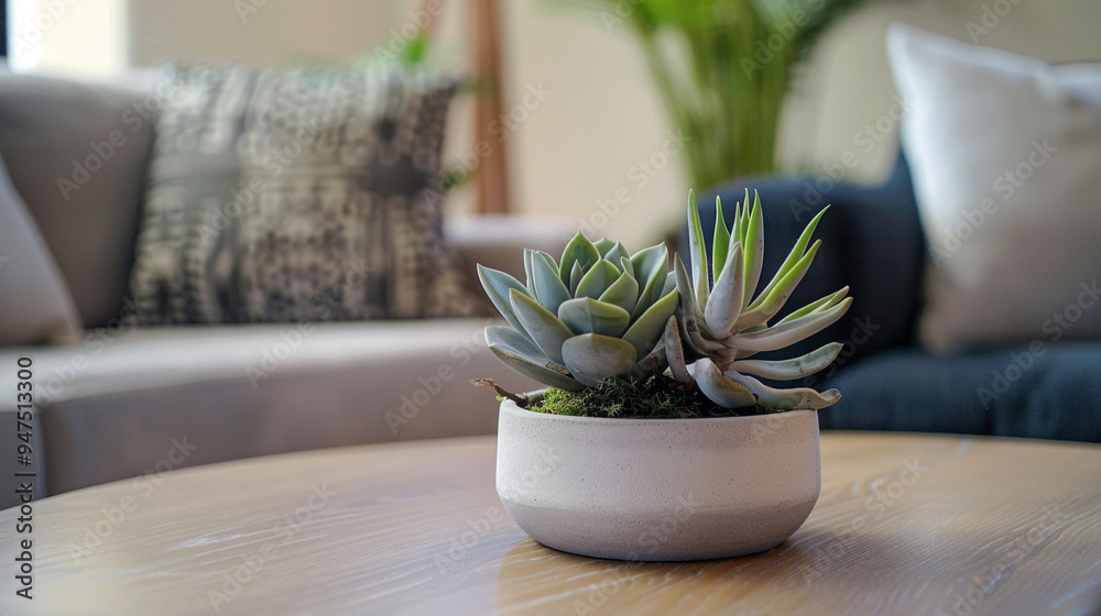 Close-up of a modern coffee table centerpiece featuring a small succulent arrangement in a minimalist pot. Close-up of a modern coffee table centerpiece featuring a small succulent arrangement in a minimalist pot.