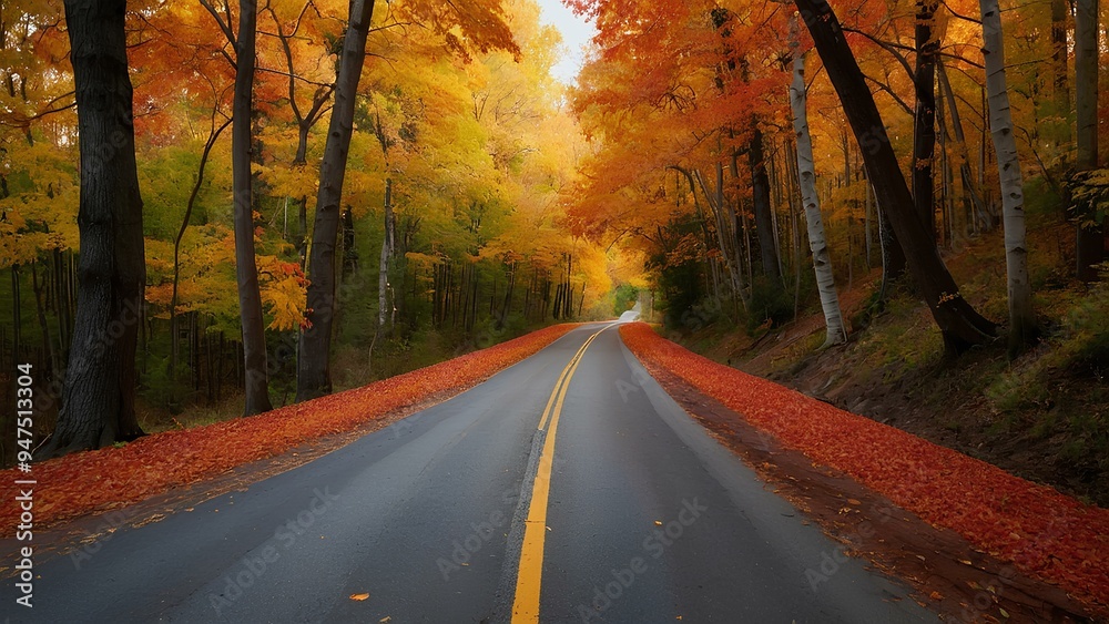 Naklejka premium Serene Autumn Landscape with Golden Leaves and Misty Forest Path