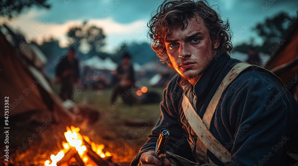 Fototapeta premium Young Continental Soldier by Campfire During War