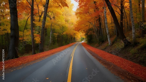 Serene Autumn Landscape with Golden Leaves and Misty Forest Path