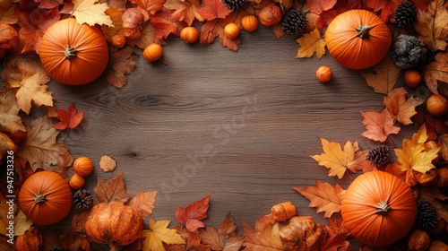 Frame of autumn Thanksgiving Day concept with warm cozy items, autumn leaves, pumpkins, pinecones on flat light background  