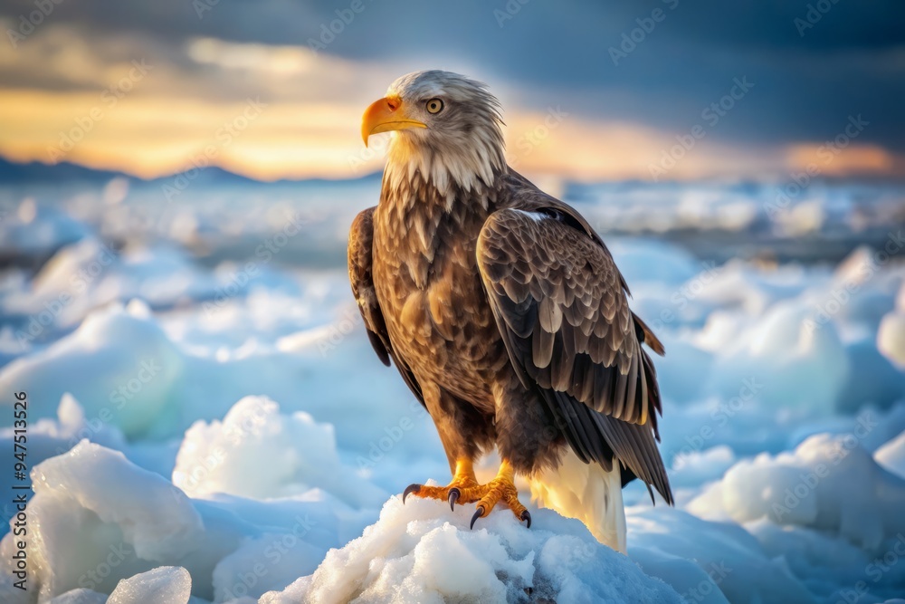 Photo image of a piercing gaze of a majestic arctic eagle perched on a frozen tundra, its feathers fluffed against the biting wind.