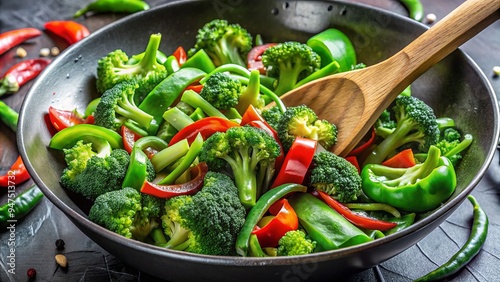 Sizzling in the wok, emerald green bell peppers, broccoli florets, and baby spinach leaves blend harmoniously, infusing the kitchen with savory scents. photo