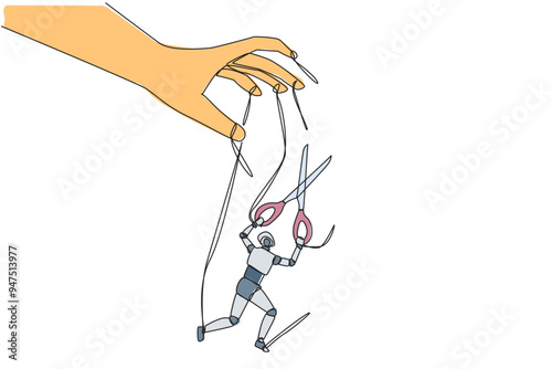 Single one line drawing of robot walking moved by ropes controlled by giant hands. Break free with scissors. Artificial intelligence that provides benefits. Continuous line design graphic illustration