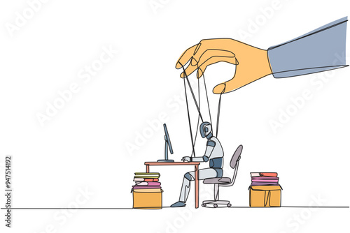 Single continuous line drawing robot typing on a laptop, hand moved by rope controlled by a giant hand. Controlling everything. Enslave robots. Future tech concept. One line design vector illustration