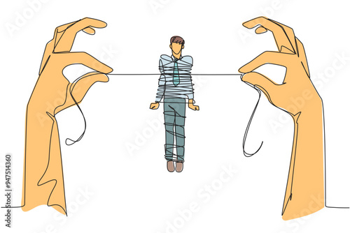 Single one line drawing businessman standing and tied by a rope held by 2 giant hands. Debt is increasing. No income. Business destroyed. Bankrupt. Failed. Continuous line design graphic illustration