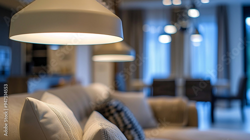 Close-up of a modern living roomâs lighting fixture, with clean lines and a minimalist design. photo