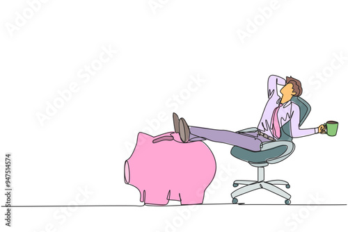 Single continuous line drawing businessman sitting relaxed in work chair while holding mug. Foot resting on piggy bank. Successfully get passive income. Promising. One line design vector illustration