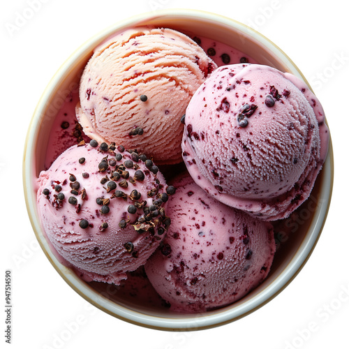 Top view close up of ice cream scoop that various flavor in bowl isolated on Transparent background