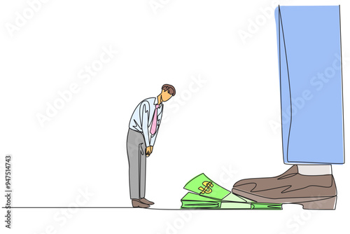 Single continuous line drawing businessman nodded in front of giant foot stepping on stack of banknotes. Request permission from investors to disburse reserve fund. One line design vector illustration