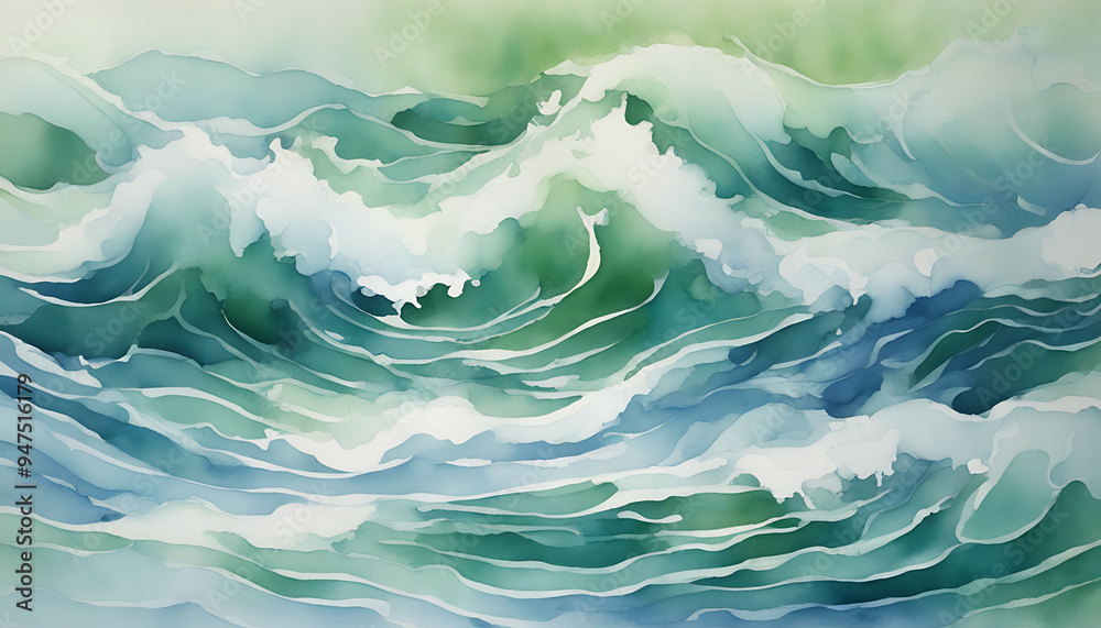 Obraz premium Abstract Watercolor Painting of Ocean Waves in Green and Blue Hues