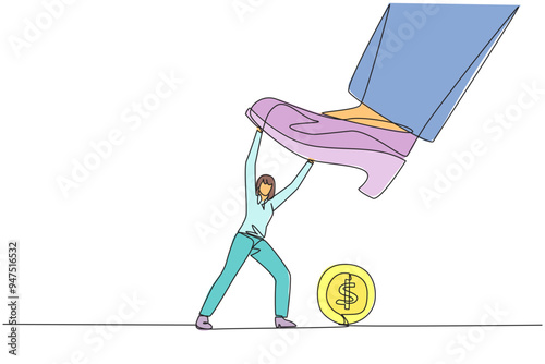 Continuous one line drawing businesswoman holds back a giant foot wants to step on coin with dollar symbol. Try to eliminate business interruptions. Profit. Single line draw design vector illustration