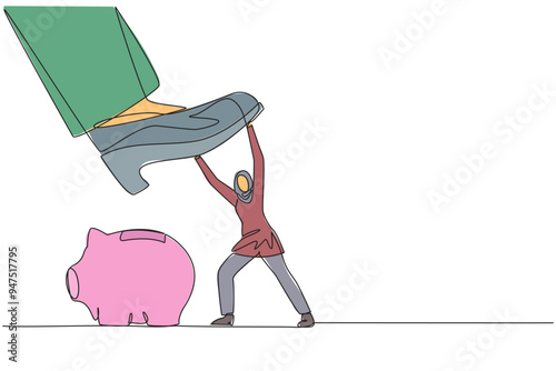 Continuous one line drawing Arab businesswoman holds back giant foot wants to step on piggy bank. Arbitrarily. Sovereigns wants to take investment value. Single line draw design vector illustration