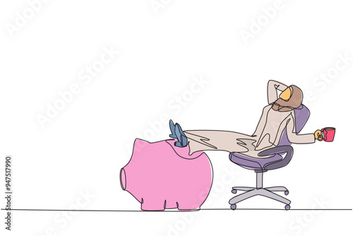 Single one line drawing young Arabian businesswoman sitting relaxed in work chair holding mug. Foot resting on piggy bank. Just got a profitable investment. Continuous line design graphic illustration