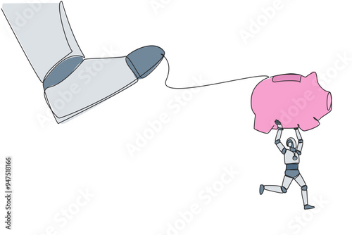 Continuous one line drawing smart robot carrying piggy bank runaway from giant foot. Fatal programming error. Giant robot goes on rampage, rest save assets. Single line draw design vector illustration