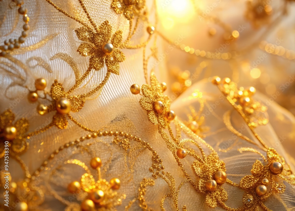 Photo image of intricate golden lace pattern with delicate filigree and transparent beading on a sheer voile background, glowing with soft morning light. Photo image of intricate golden lace pattern with delicate filigree and transparent beading on a sheer voile background, glowing with soft morning light.