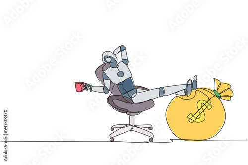 Single one line drawing smart robot sitting on a office chair holding a mug. Foot resting on money bag. Profit multiplier robot. Future technology concept. Continuous line design graphic illustration