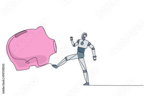 Single continuous line drawing smart robot kicking piggy bank. Programming error. Misperception. Robots become wasteful and lose assets. Future technology. AI. One line design vector illustration