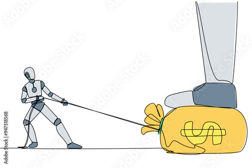 Continuous one line drawing robot tries to take money bag stepped on by giant foot with the rope. Warrior robot. Programmed to always do good. Future tech. Single line draw design vector illustration