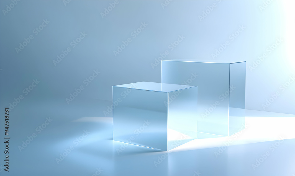 Two glass cubes in a minimalist light blue room, with soft light shining on them. Two glass cubes in a minimalist light blue room, with soft light shining on them.