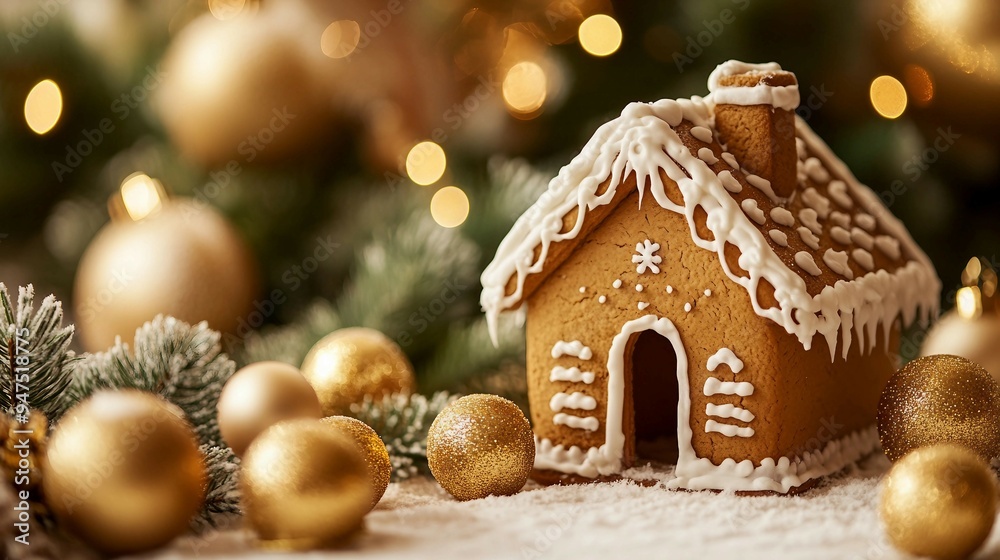 Festive Gingerbread House with Pine Decorations and Golden Balls Closeup Festive Gingerbread House with Pine Decorations and Golden Balls Closeup