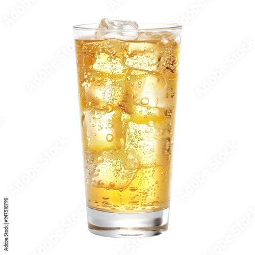 Ginger ale with ice cubes and lime at the rim isolated on white transparent background. Perfect for beverage promotions. photo