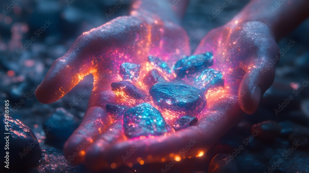 Fototapeta premium Surreal scene of cobblestones being laid by glowing, holographic hands, abstract style, holographic colors, digital art, ethereal light, floating stones