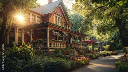 visual of a quaint bed and breakfast with charming architectural details like a wrap-around porch, flower-filled garden, and cozy exterior.