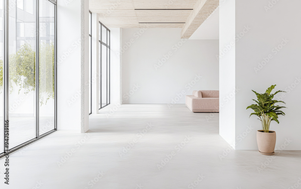 Obraz premium Empty living room in a modern property with a large window providing natural lighting and minimal furniture. Residential interior design composition in neutral colors.